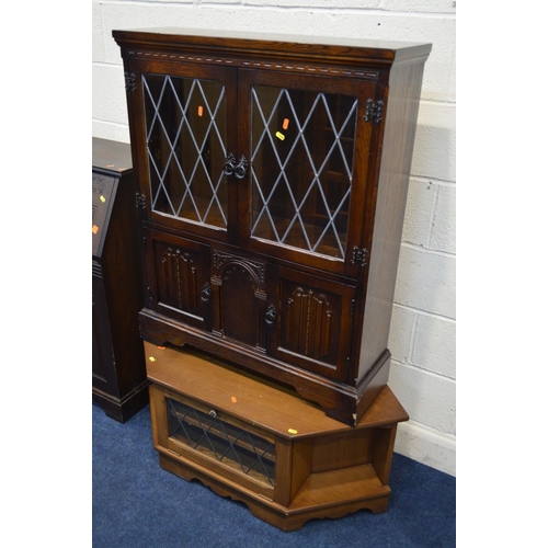 1206 - A MODERN OAK FALL FRONT BUREAU and a matching corner unit, together with an oak corner TV stand and ... 