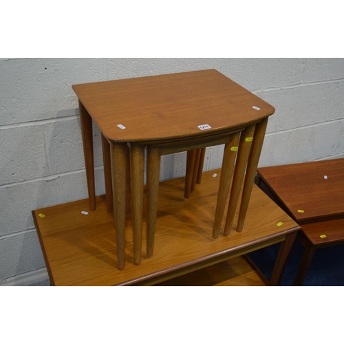 1211 - A MID 20TH CENTURY TEAK NEST OF THREE TABLES, together with a teak coffee/nest of three tables and a... 