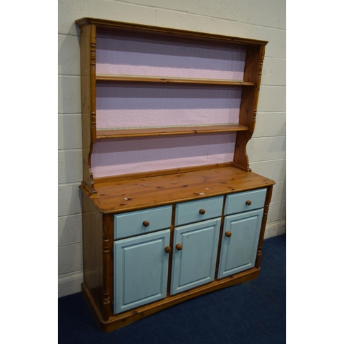 1216 - A MODERN PINE DRESSER with three drawers, approximate width 137cm x depth 46cm x height 183cm (paint... 