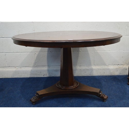 1219 - A VICTORIAN MAHOGANY CIRCULAR BREAKFAST TABLE, on a triform base and claw feet, approximate diameter... 