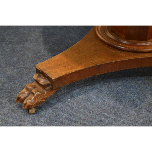 1219 - A VICTORIAN MAHOGANY CIRCULAR BREAKFAST TABLE, on a triform base and claw feet, approximate diameter... 