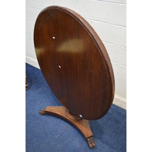 1219 - A VICTORIAN MAHOGANY CIRCULAR BREAKFAST TABLE, on a triform base and claw feet, approximate diameter... 