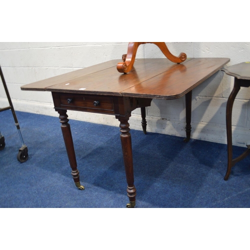 1220 - A LATE VICTORIAN MAHOGANY PEMBROKE TABLE, with a single drawer and a dummy drawer, approximate open ... 