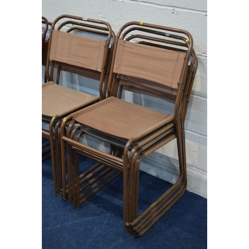 1222 - A SET OF NINE MID CENTURY INDUSTRIAL TUBULAR STACKING CHAIRS with fabric back and seats, seven in or... 