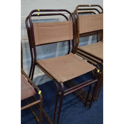 1222 - A SET OF NINE MID CENTURY INDUSTRIAL TUBULAR STACKING CHAIRS with fabric back and seats, seven in or... 