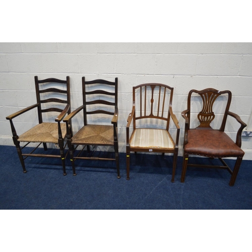 1223 - A PAIR OF LATE 19TH CENTURY OAK RUSH SEATED LADDER BACK CHAIRS (sd) together with a Georgian mahogan... 