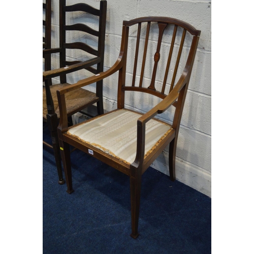 1223 - A PAIR OF LATE 19TH CENTURY OAK RUSH SEATED LADDER BACK CHAIRS (sd) together with a Georgian mahogan... 