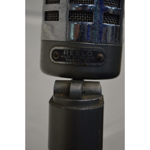 1229 - A RESLO VINTAGE RIBBON MICROPHONE standing on a vintage mic stand with tripod cast iron base and a F... 