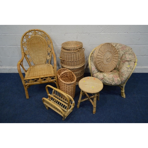 1231 - A QUANTITY OF WICKER FURNITURE, to include an armchair, linen basket, stair basket, magazine rack, s... 