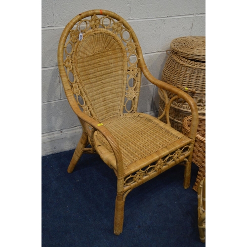 1231 - A QUANTITY OF WICKER FURNITURE, to include an armchair, linen basket, stair basket, magazine rack, s... 