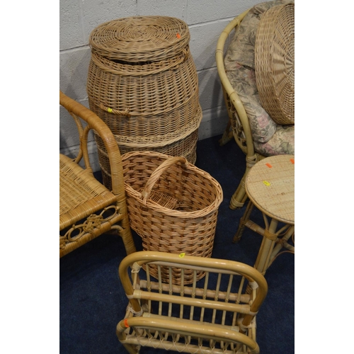 1231 - A QUANTITY OF WICKER FURNITURE, to include an armchair, linen basket, stair basket, magazine rack, s... 