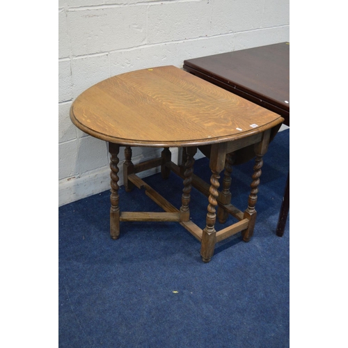 1233 - AN OAK BARLEY TWIST OVAL TOP DROP LEAF TABLE together with a square draw leaf table (2)