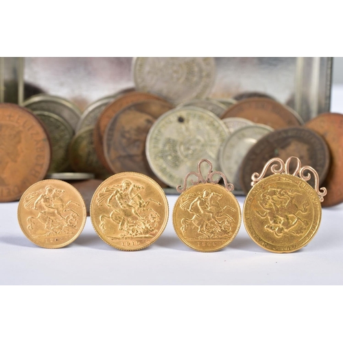 124 - A TOBACCO TIN OF COINS, to include two full gold sovereigns and two gold half sovereigns, 1817 Georg... 