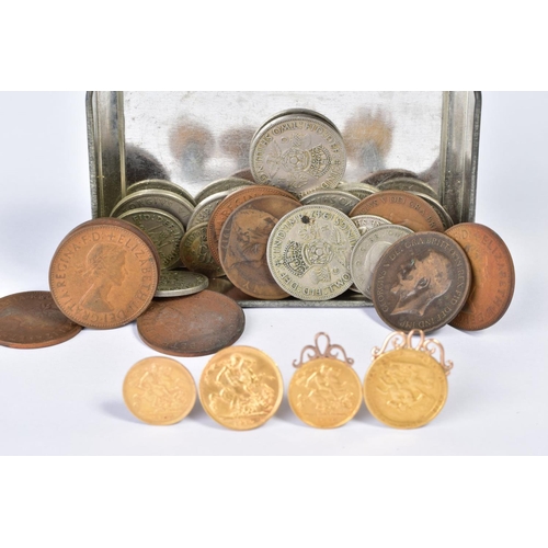 124 - A TOBACCO TIN OF COINS, to include two full gold sovereigns and two gold half sovereigns, 1817 Georg... 