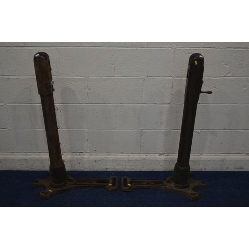 1245 - SLAZENGERS LTD STADIUM POLE, a pair of vintage wooden tennis posts on cast iron bases, approximate h... 