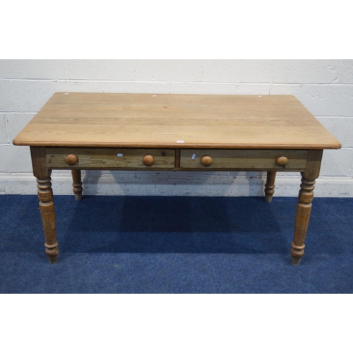 1247 - A LATE VICTORIAN PITCH PINE KITCHEN TABLE, with two drawers on turned legs, approximate width 161m x... 