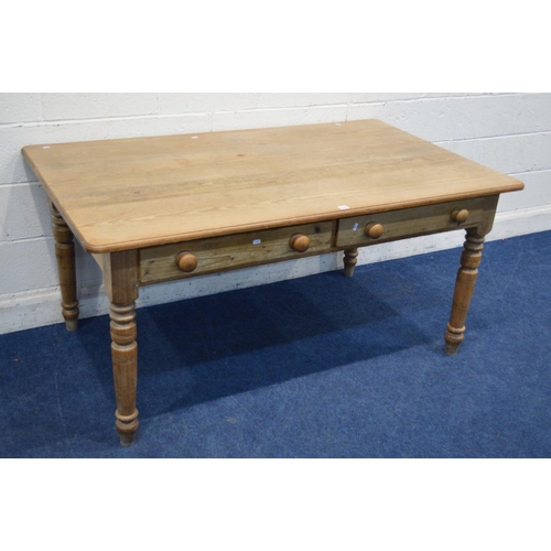 1247 - A LATE VICTORIAN PITCH PINE KITCHEN TABLE, with two drawers on turned legs, approximate width 161m x... 