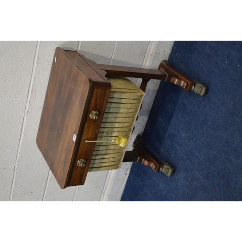 1249 - A REGENCY ROSEWOOD WORK TABLE, rectangular top with rounded corners, and brass banding to edge, with... 