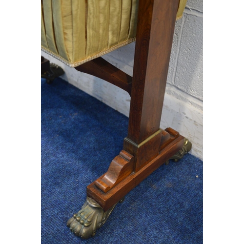 1249 - A REGENCY ROSEWOOD WORK TABLE, rectangular top with rounded corners, and brass banding to edge, with... 