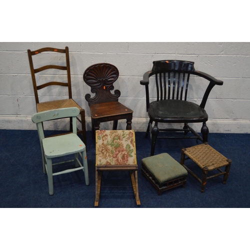 1252 - AN EARLY 20TH CENTURY EBONISED SMOKERS CHAIR, (s.d.), together with a Victorian mahogany hall chair,... 