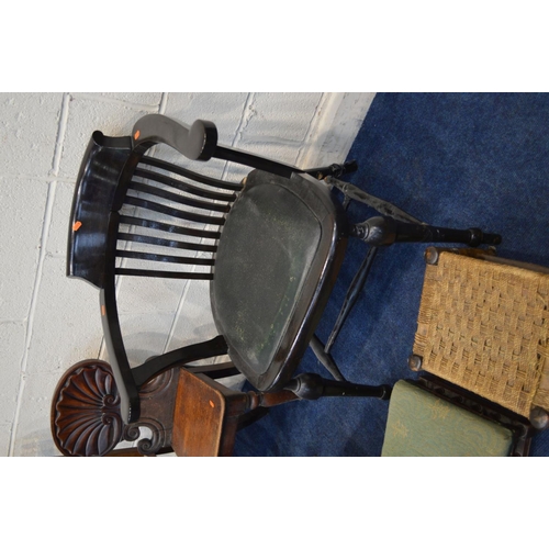 1252 - AN EARLY 20TH CENTURY EBONISED SMOKERS CHAIR, (s.d.), together with a Victorian mahogany hall chair,... 