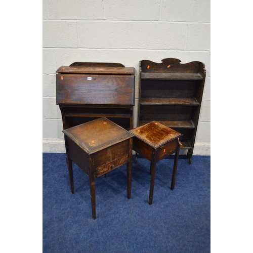 1254 - A SLIM OAK BUREAU, together with an open bookcase, two oak sewing boxes (s.d.) (4)