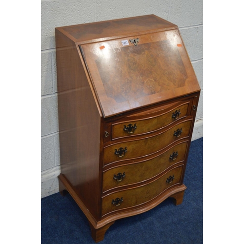 1257 - A SLIM REPRODUCTION YEW WOOD SERPENTINE FALL FRONT BUREAU, four drawers on bracket feet, width 53cm ... 