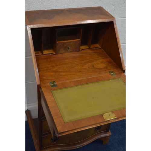 1257 - A SLIM REPRODUCTION YEW WOOD SERPENTINE FALL FRONT BUREAU, four drawers on bracket feet, width 53cm ... 