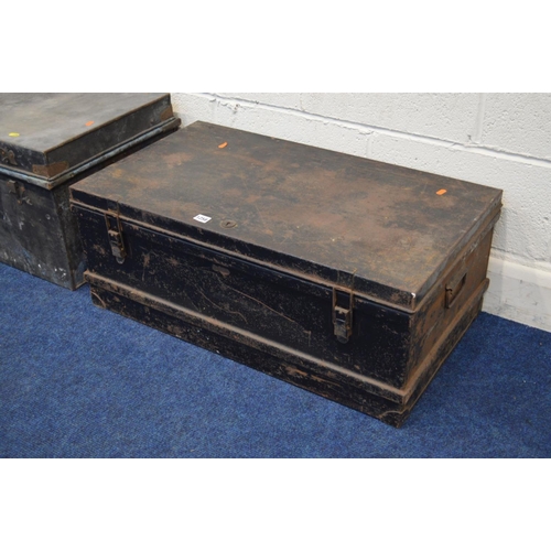 1258 - A PAIR OF VINTAGE BLACK PAINTED TIN TRUNKS, width 83cm x depth 47cm x height 32cm, together with ano... 