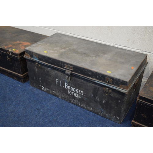 1258 - A PAIR OF VINTAGE BLACK PAINTED TIN TRUNKS, width 83cm x depth 47cm x height 32cm, together with ano... 