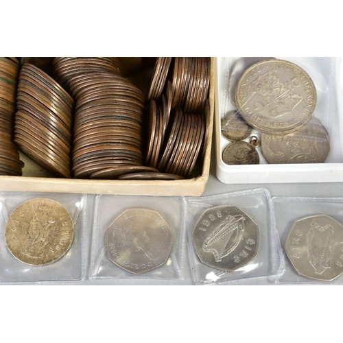 126 - A SHOE BOX OF WORLD COINS WITH SOME SILVER to include silver 3ds, a 21/2 Gulden 1938, Eire Easter Ri... 