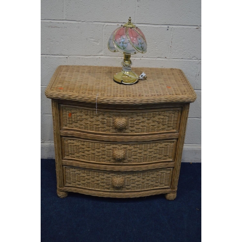 1265 - A WICKER SERPENTINE CHEST OF THREE LONG DRAWERS, width 87cm x depth 56cm x height 78cm, together wit... 