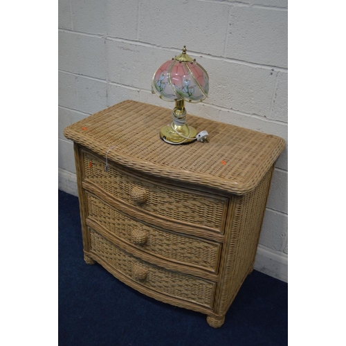 1265 - A WICKER SERPENTINE CHEST OF THREE LONG DRAWERS, width 87cm x depth 56cm x height 78cm, together wit... 