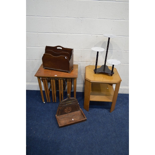 1267 - A MID 20TH CENTURY TEAK COFFEE TABLE, with four circular fold out occasional tables, together with a... 