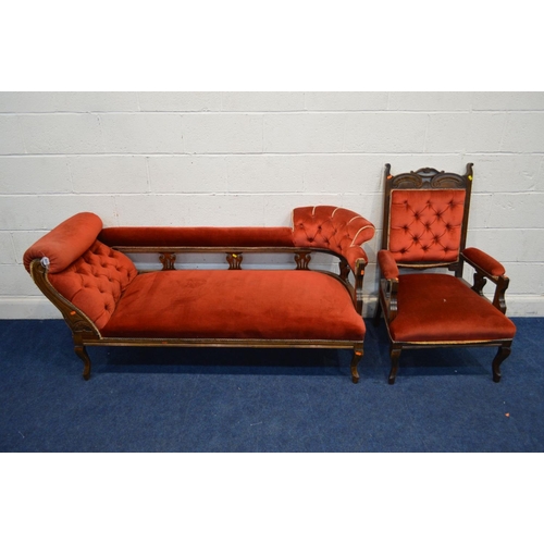 1270 - AN EDWARDIAN MAHOGANY FRAMED RED BUTTONED UPHOLSTERED CHAISE LONGUE, width 175cm, together with a ma... 