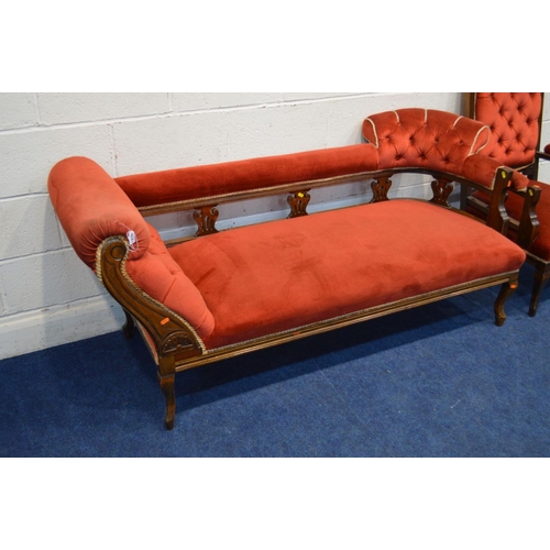 1270 - AN EDWARDIAN MAHOGANY FRAMED RED BUTTONED UPHOLSTERED CHAISE LONGUE, width 175cm, together with a ma... 