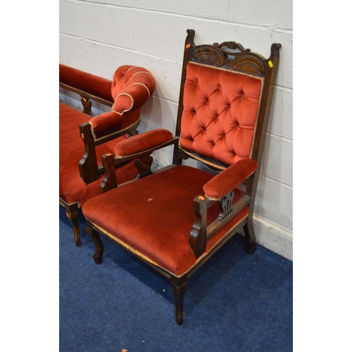 1270 - AN EDWARDIAN MAHOGANY FRAMED RED BUTTONED UPHOLSTERED CHAISE LONGUE, width 175cm, together with a ma... 