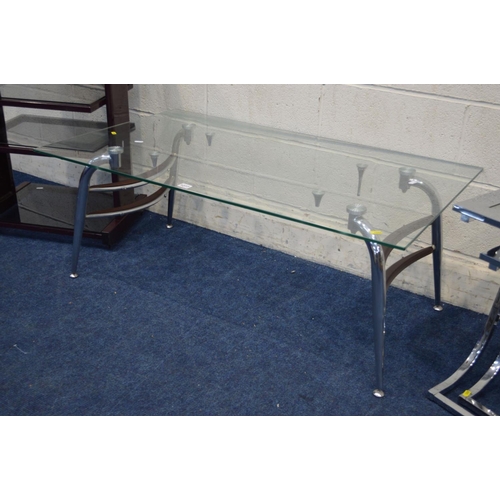 1277 - A CHROME FRAMED GLASS TOPPED RECTANGULAR COFFEE TABLE, width 110cm x depth 65cm x height 44cm (losse... 