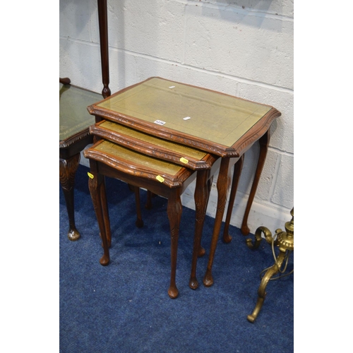 1278 - A MAHOGANY BROWN LEATHER TOPPED NEST OF THREE TABLES, together with a mahogany rectangular coffee ta... 