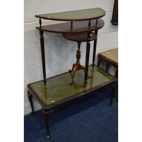 1278 - A MAHOGANY BROWN LEATHER TOPPED NEST OF THREE TABLES, together with a mahogany rectangular coffee ta... 