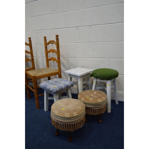 1279 - A MODERN PINE CIRCULAR KITCHEN TABLE, and four rush seated ladder back chairs (one chair with s.d.),... 