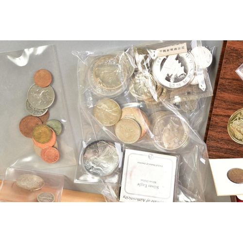 128 - A LARGE WOODEN BOX OF MAINLY USA COINAGE, to include Kennedy half collars 1964-1969, Walking Liberty... 