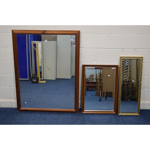 1280 - A LARGE MODERN PINE FRAMED WALL MIRROR, 135cm x 104cm, together with two other wall mirrors (3)