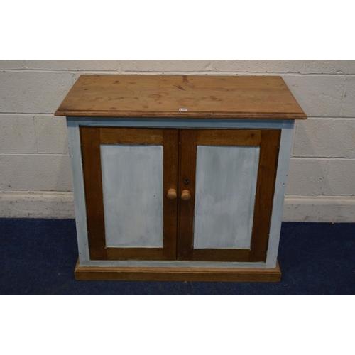 1282 - A VICTORIAN HALF PAINTED PINE PANELLED TWO DOOR CABINET, width 100cm x depth 54cm x height 83cm