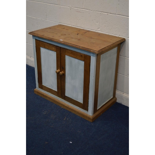 1282 - A VICTORIAN HALF PAINTED PINE PANELLED TWO DOOR CABINET, width 100cm x depth 54cm x height 83cm