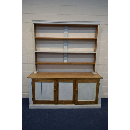 1283 - A VICTORIAN HALF PAINTED PINE DRESSER, with a triple tier plate rack and a base with triple panel do... 