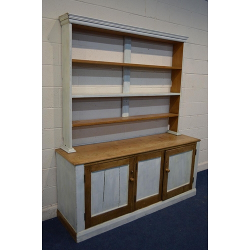 1283 - A VICTORIAN HALF PAINTED PINE DRESSER, with a triple tier plate rack and a base with triple panel do... 