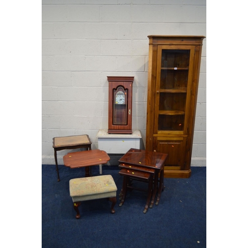 1284 - A MODERN PINE GLAZED CORNER CUPBOARD, together with a mahogany nest of tables, a modern wall clock, ... 