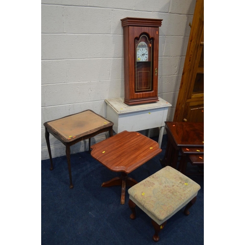 1284 - A MODERN PINE GLAZED CORNER CUPBOARD, together with a mahogany nest of tables, a modern wall clock, ... 