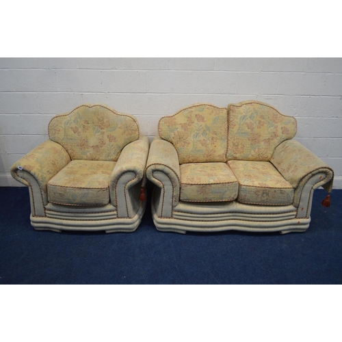 1286 - A FLORAL UPHOLSTERED TWO PIECE LOUNGE SUITE, comprising a two seater settee and an armchair (2)